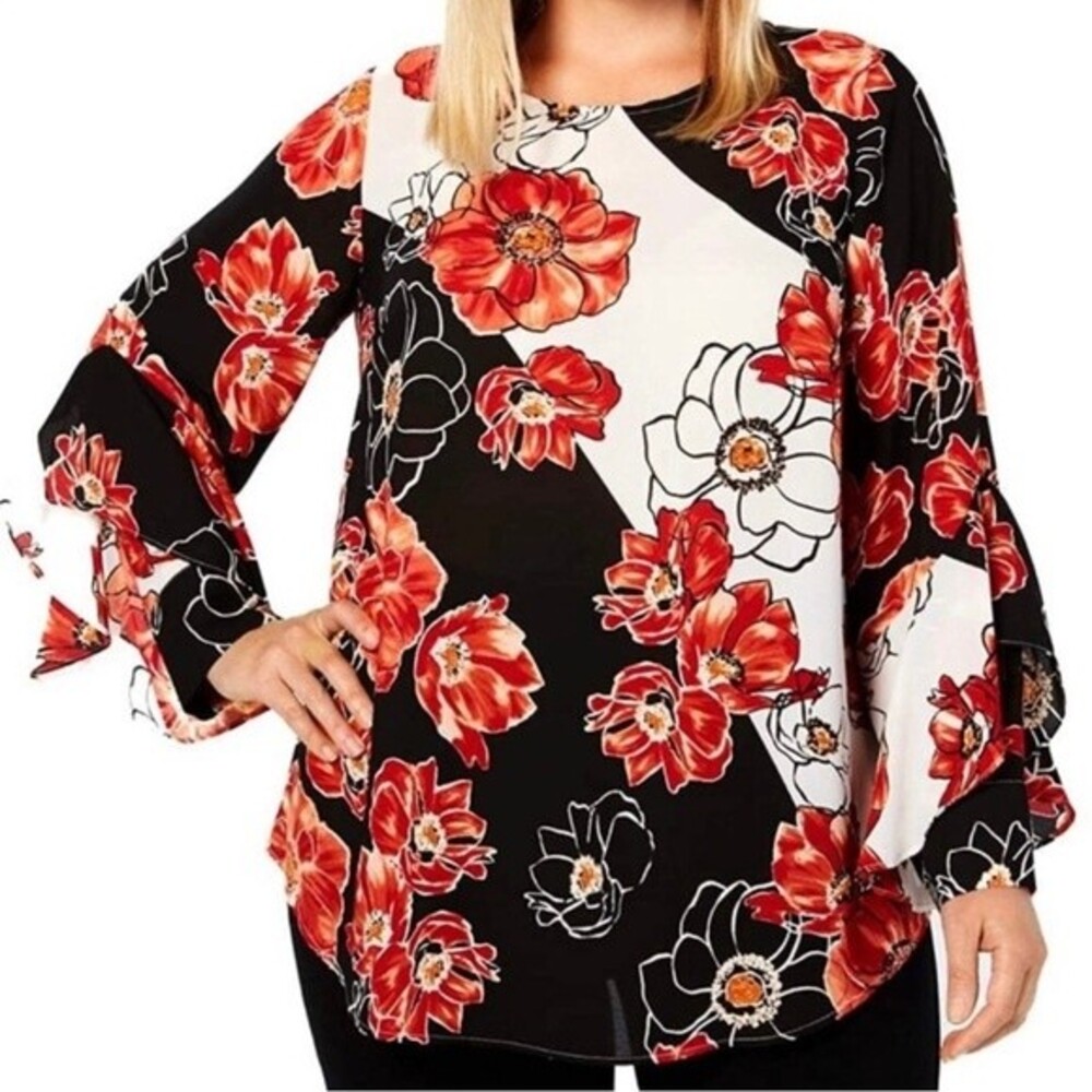 Alfani Black Red Floral Print Blouse Women’s 3X Long Sleeve Split Cuff Top